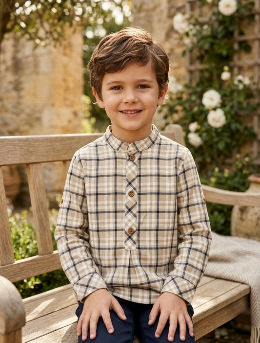 Camisa Niño Cuadros Beige Cuello Mao | Sonajero Kids