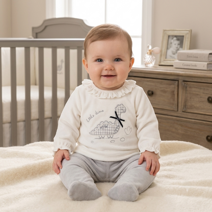 Conjunto de Terciopelo Bebé Little Dino Gris y Blanco | Sonajero Kids