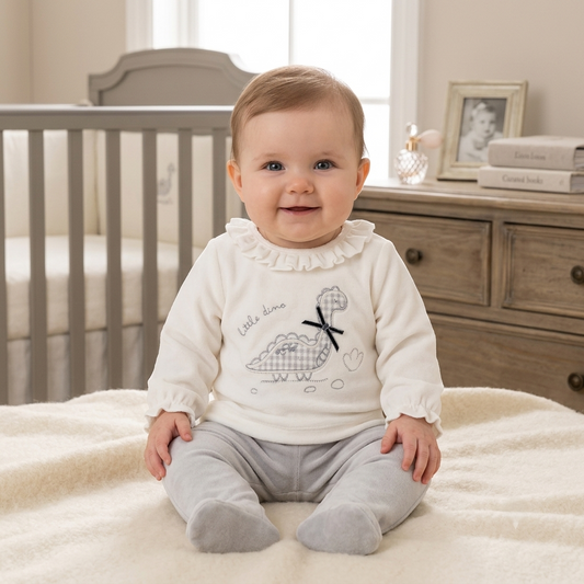 Conjunto de Terciopelo Bebé Little Dino Gris y Blanco | Sonajero Kids