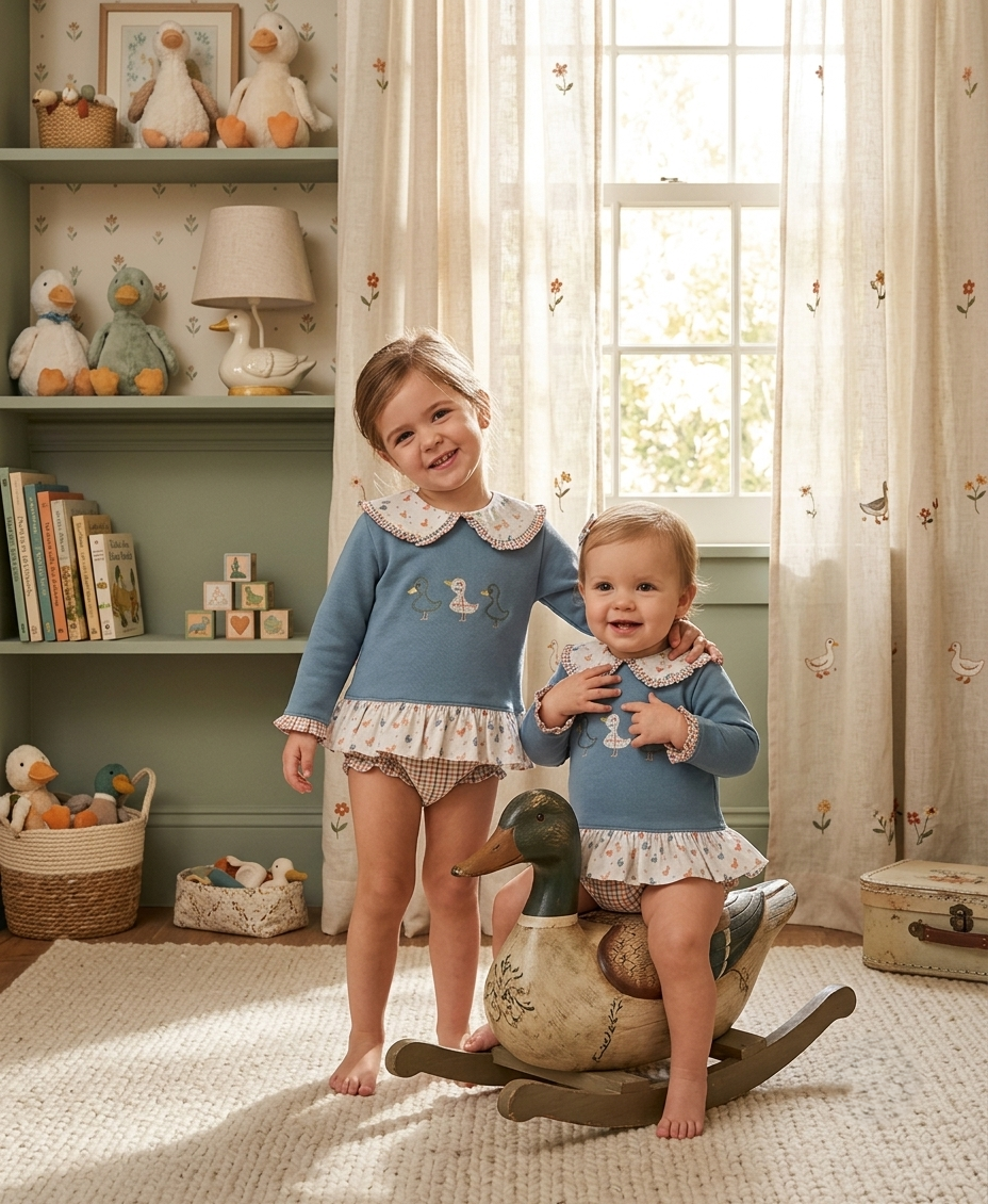Conjunto Bebé Patitos Azul Empolvado con Cubrepañal | Sonajero Kids