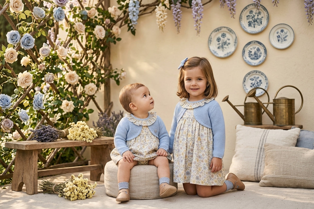 Conjunto Infantil de Punto Azul y Vestido Floral | Sonajero Kids