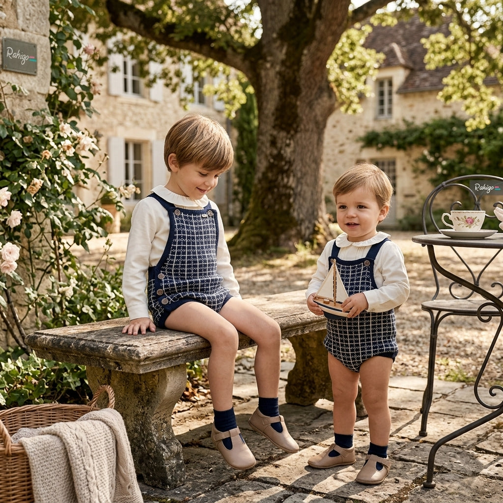 Peto de Punto Bebé Azul y Camisa | Moda Infantil Rahigo | Sonajero Kids