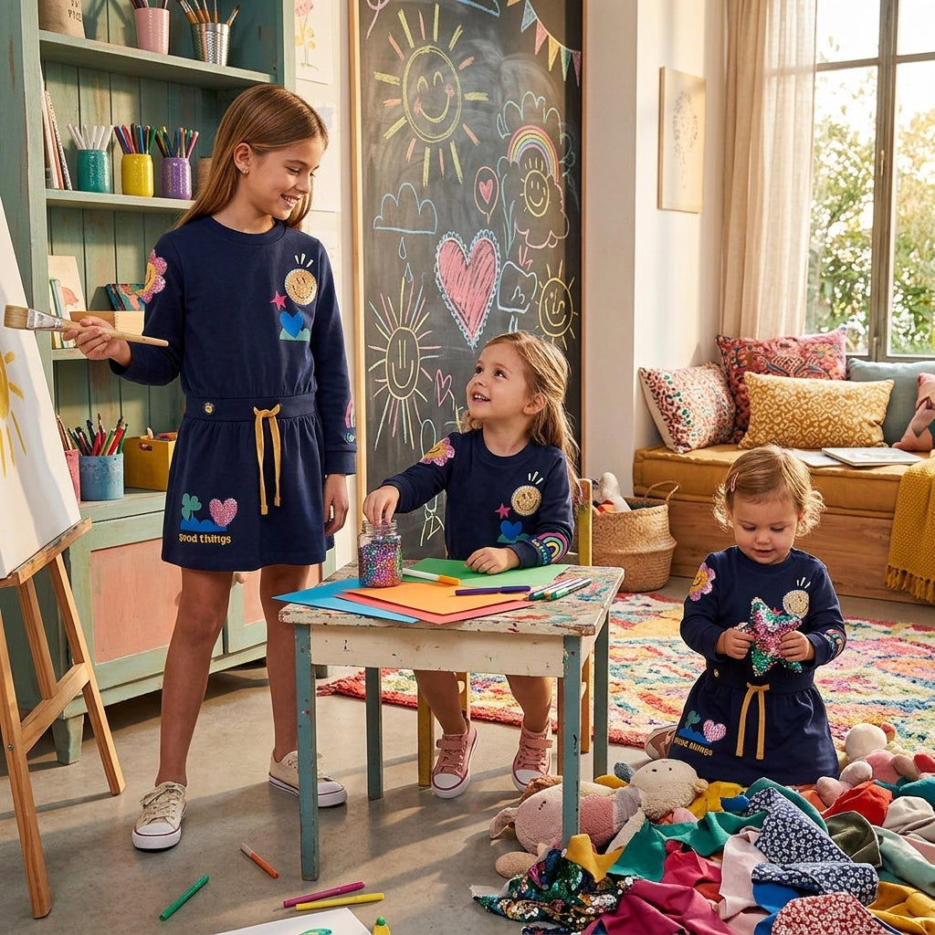 Vestido Azul Marino con Parches y Lentejuelas para Niña | Boboli | Sonajero Kids