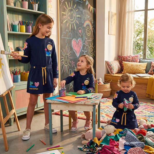 Vestido Azul Marino con Parches y Lentejuelas para Niña | Boboli | Sonajero Kids