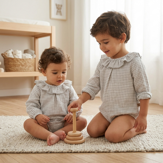 Pelele Bebé Cuadro Vichy Gris con Cuello Volante | Sonajero Kids