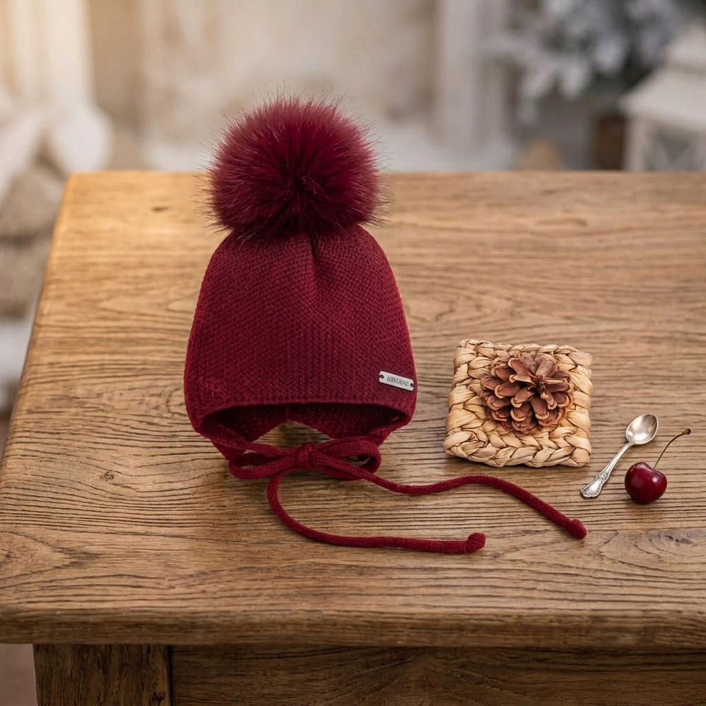 Gorro capota de punto con pompón de pelo - Burdeos | Pangasa Baby