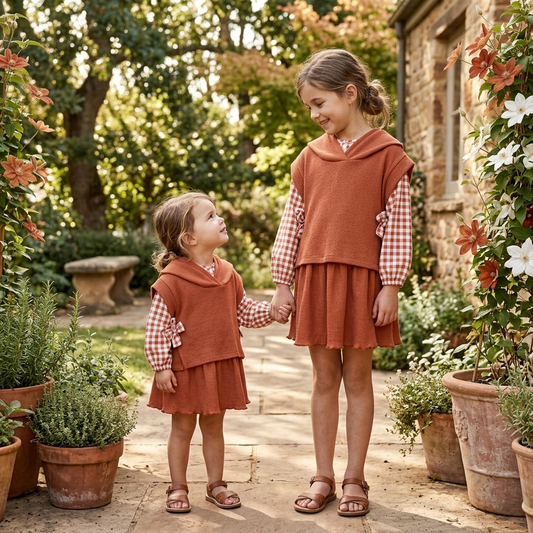 Conjunto Infantil de Cuadros Vichy y Chaleco Terracota | Sonajero Kids