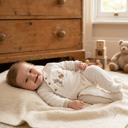 Pelele Bebé Terciopelo Blanco Bordado Chicco | Sonajero Kids