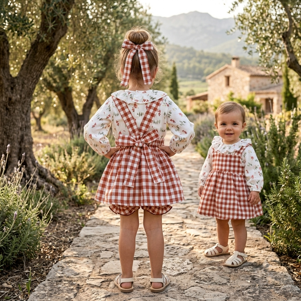 Conjunto Bebé Cuadros Vichy Terracota y Blusa Volantes | Sonajero Kids