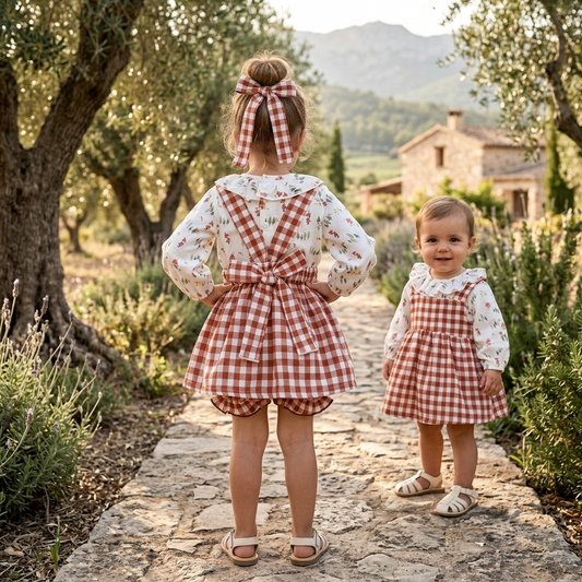 Conjunto Bebé Cuadros Vichy Terracota y Blusa Volantes | Sonajero Kids