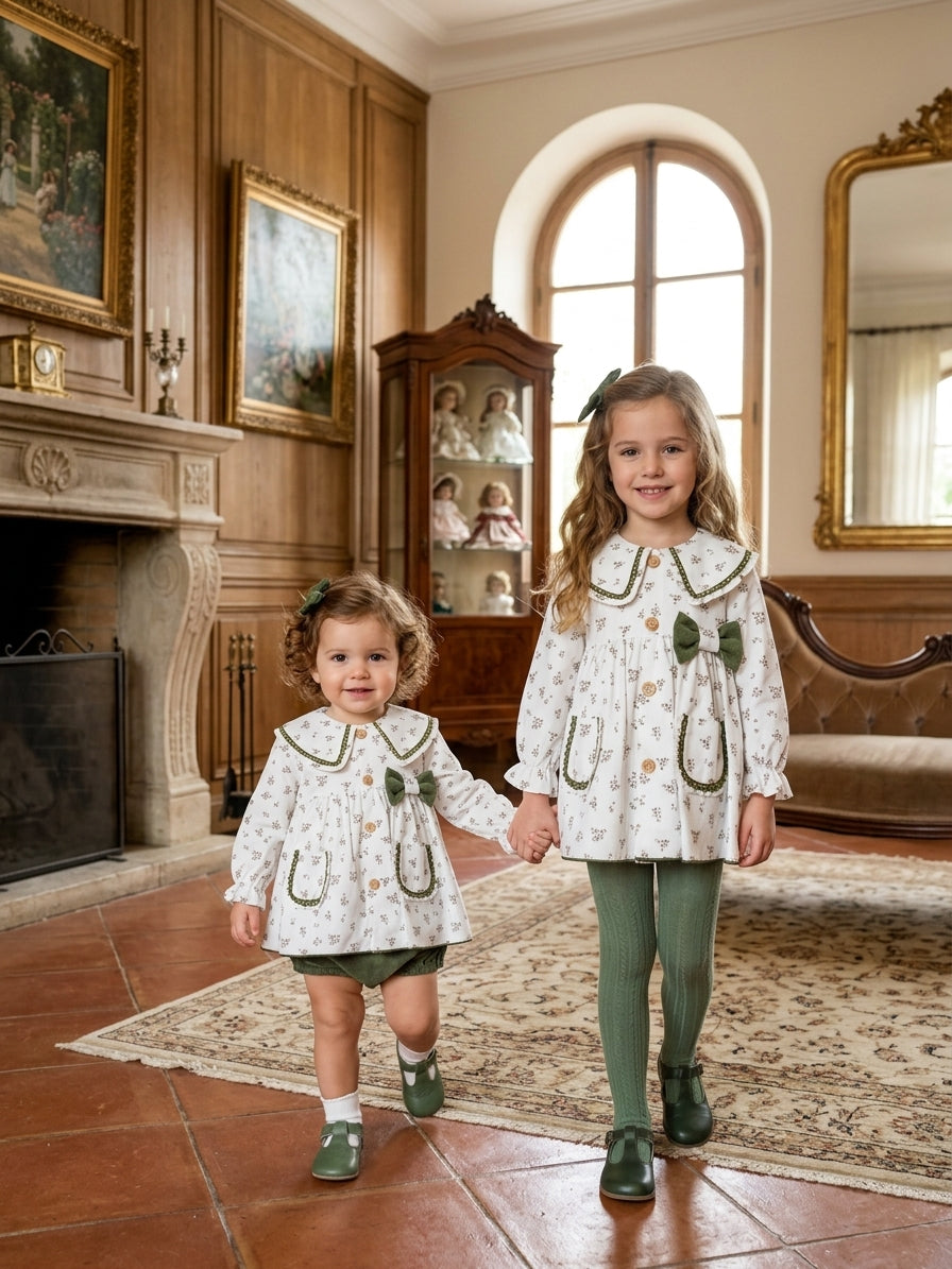 Vestido Infantil Floral Verde con Braguita | Moda Infantil Clásica | Sonajero Kids