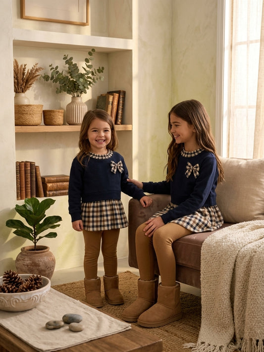 Conjunto Niña Azul y Camel de Cuadros | Moda Infantil | Sonajero Kids