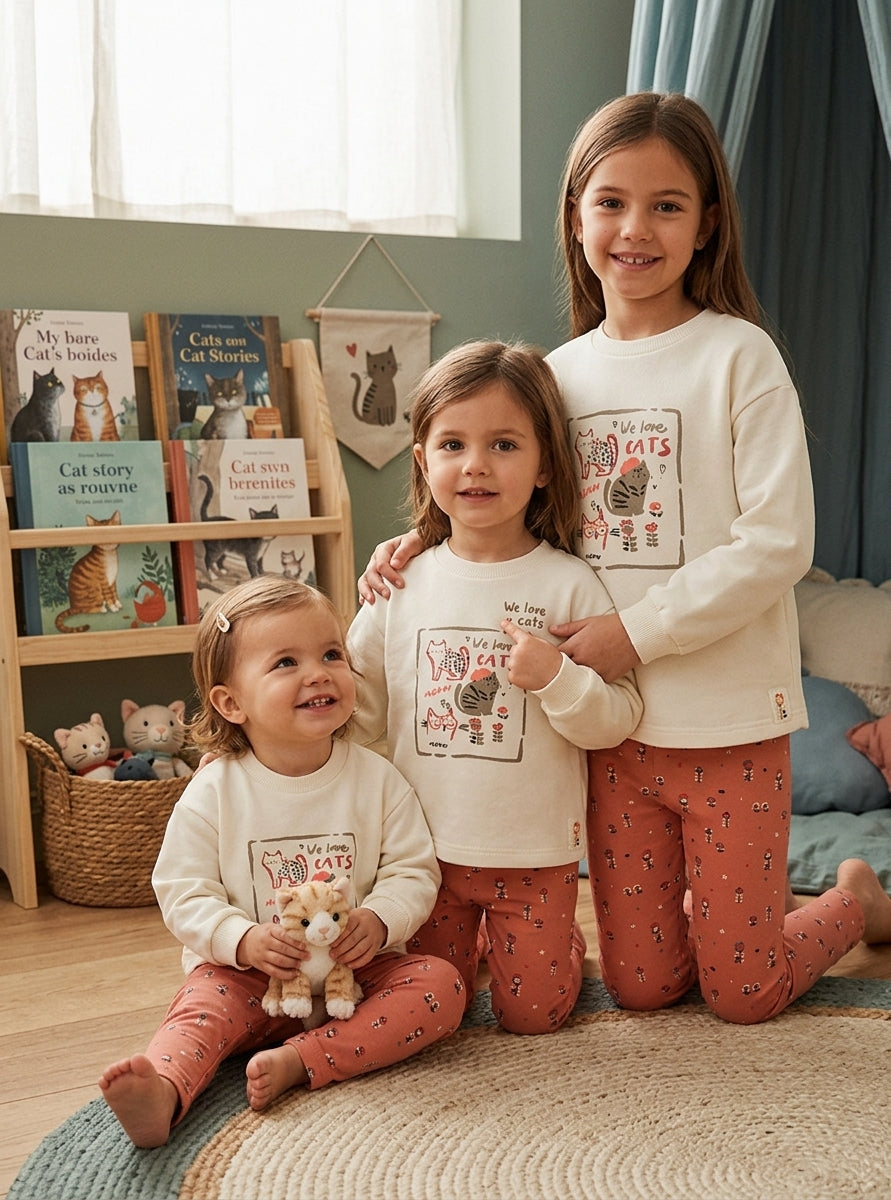 Conjunto Infantil "We Love Cats" de Sudadera y Leggings Coral | Sonajero Kids
