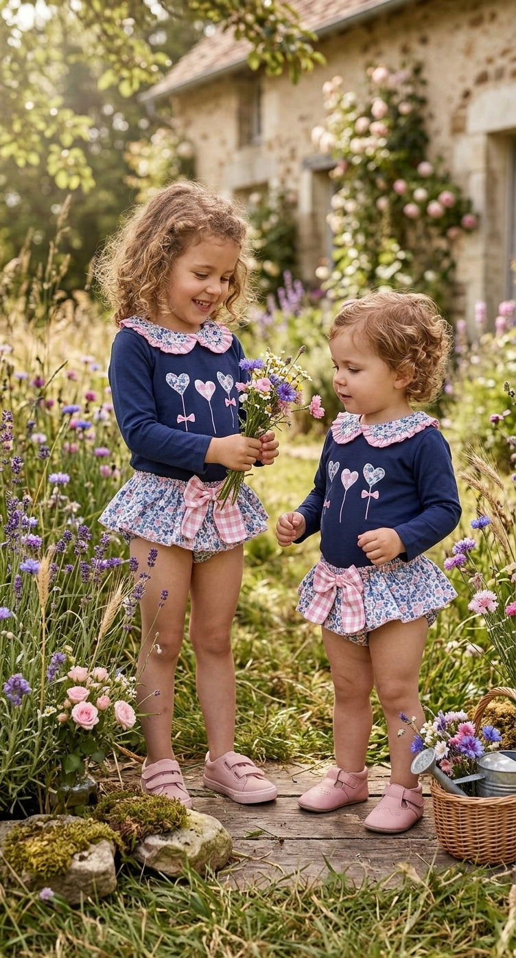 Conjunto Infantil Azul Marino y Flores con Lazo Vichy | Sonajero Kids