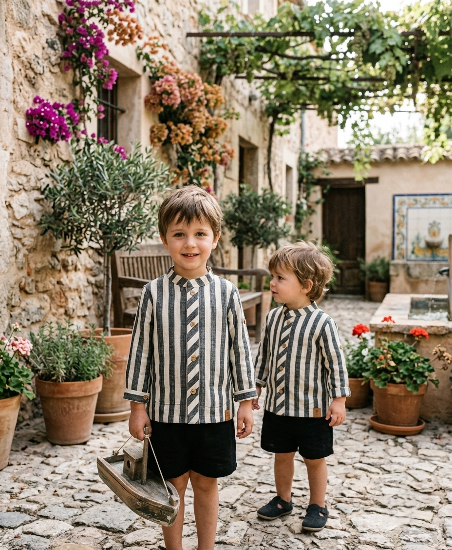 Conjunto Niño Lino Rayas y Pantalón Corto | Sonajero Kids
