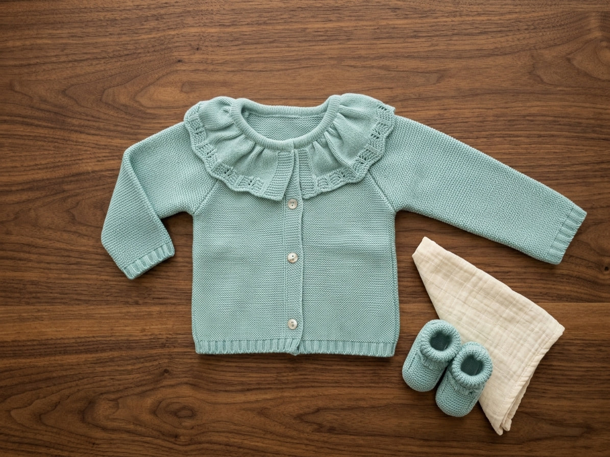 Chaqueta Punto Bebé Verde Agua con Cuello Volante | Sonajero Kids