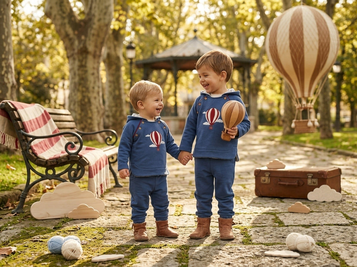 Conjunto Azul Infantil Globo Aerostático | Moda Bebé y Niño | Sonajero Kids