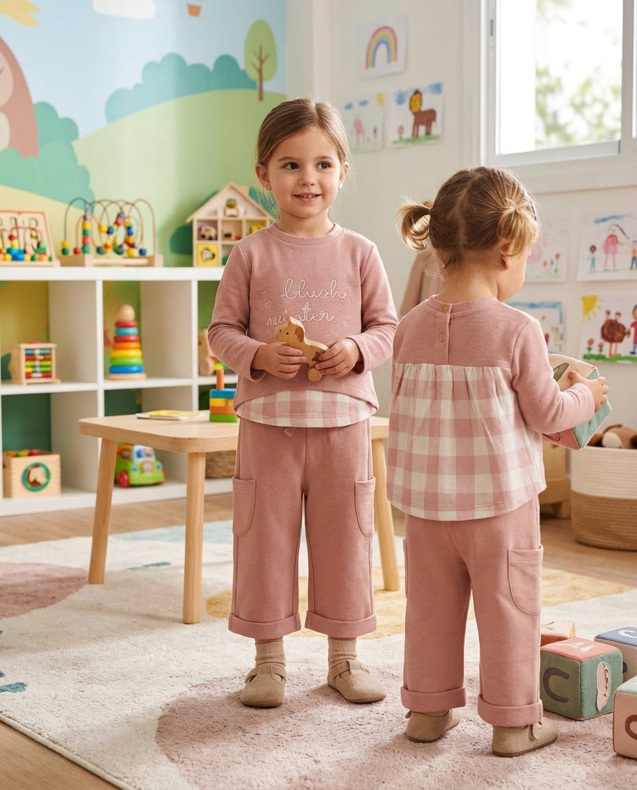 Conjunto Infantil Rosa Blush Winter con Cuadros Vichy | Sonajero Kids