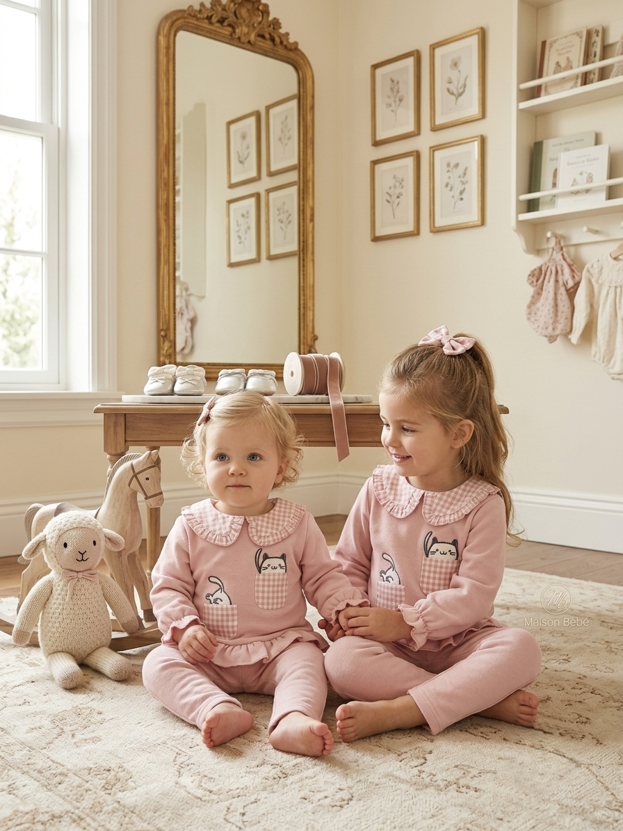 Conjunto Infantil Rosa Cuello Vichy y Gatitos | Sonajero Kids