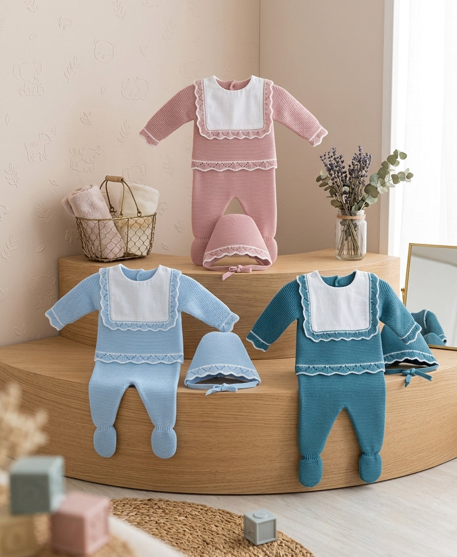 Conjunto de Punto Bebé Recién Nacido | Canastilla Primera Puesta | Sonajero Kids