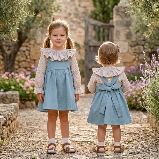 Conjunto Pichi Azul Empolvado y Blusa Cuadros Vichy | Sonajero Kids