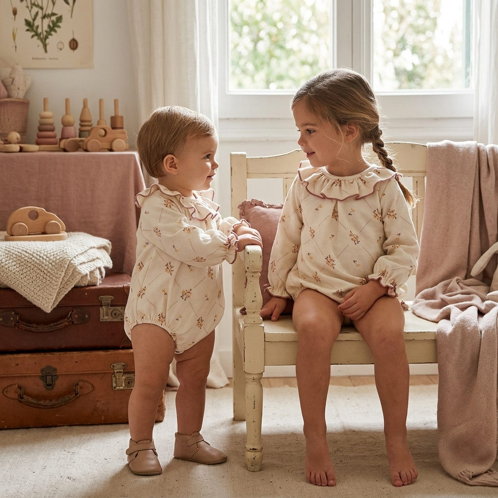 Pelele Bebé Floral Marfil con Volante Rosa | Sonajero Kids