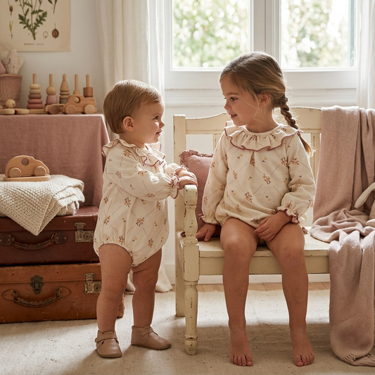 Pelele Bebé Floral Marfil con Volante Rosa | Sonajero Kids