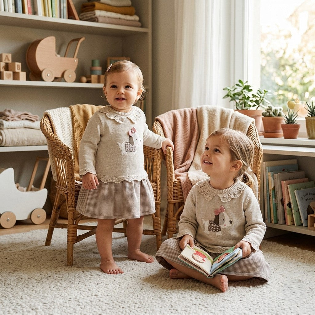 Vestido de Punto y Cuadros para Bebé con Bordado | Sonajero Kids