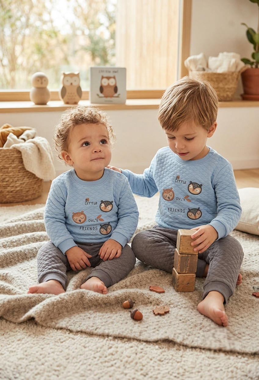 Conjunto Acolchado Bebé "Little Owl's Friends" Azul y Gris | Sonajero Kids