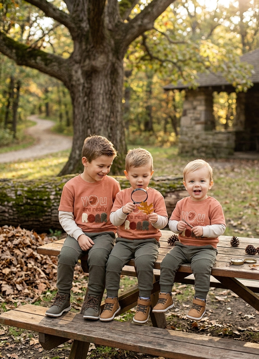 Conjunto Infantil Terracota y Verde | Sudadera Roar y Jogger | Sonajero Kids