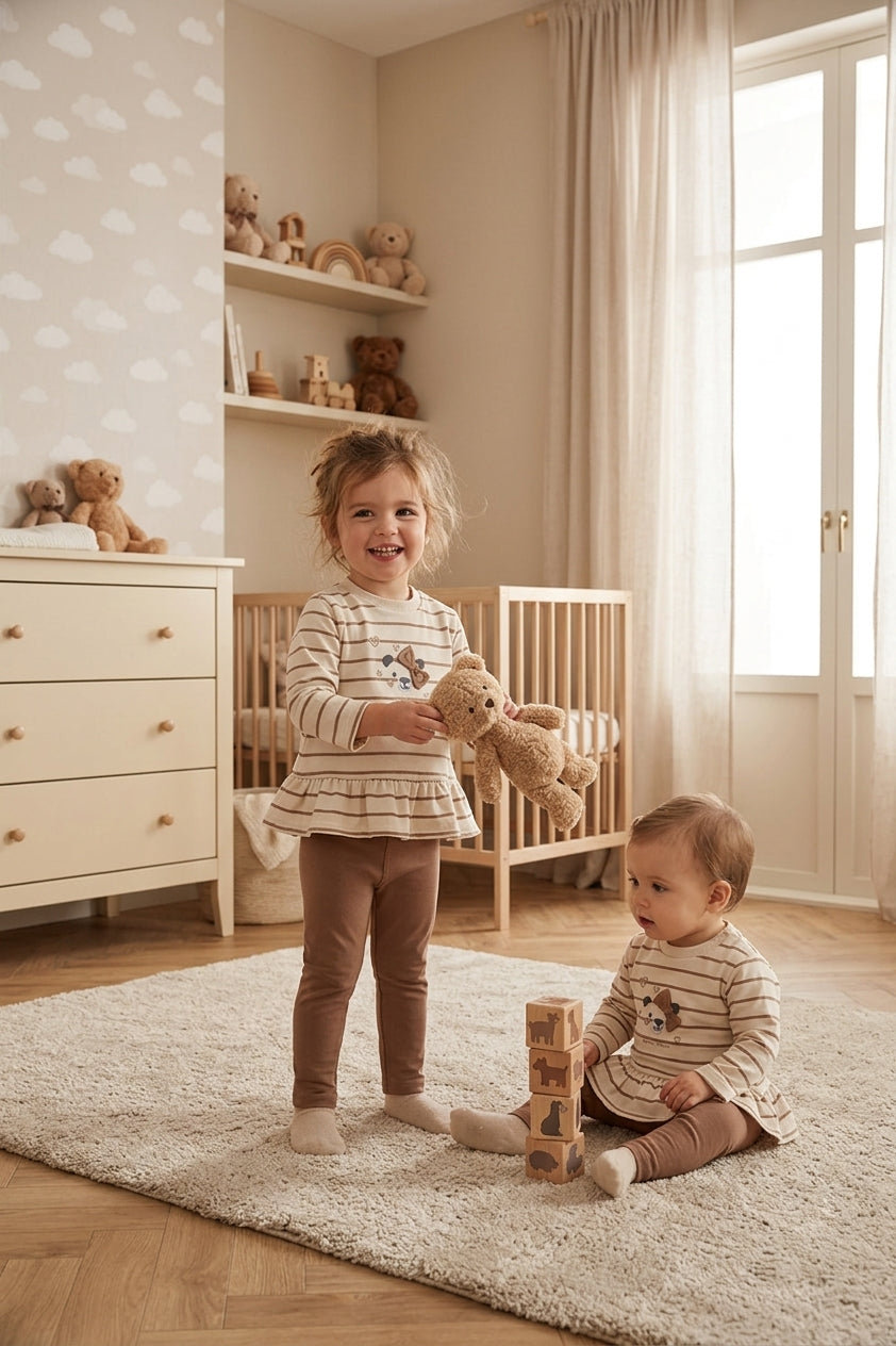 onjunto Bebe Niña Beige y Café con Osito | Sonajero Kids