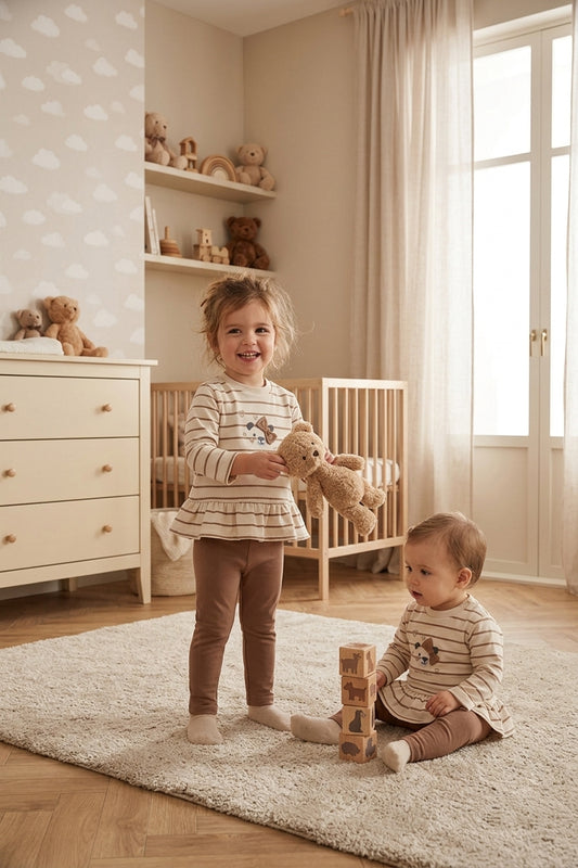 onjunto Bebe Niña Beige y Café con Osito | Sonajero Kids