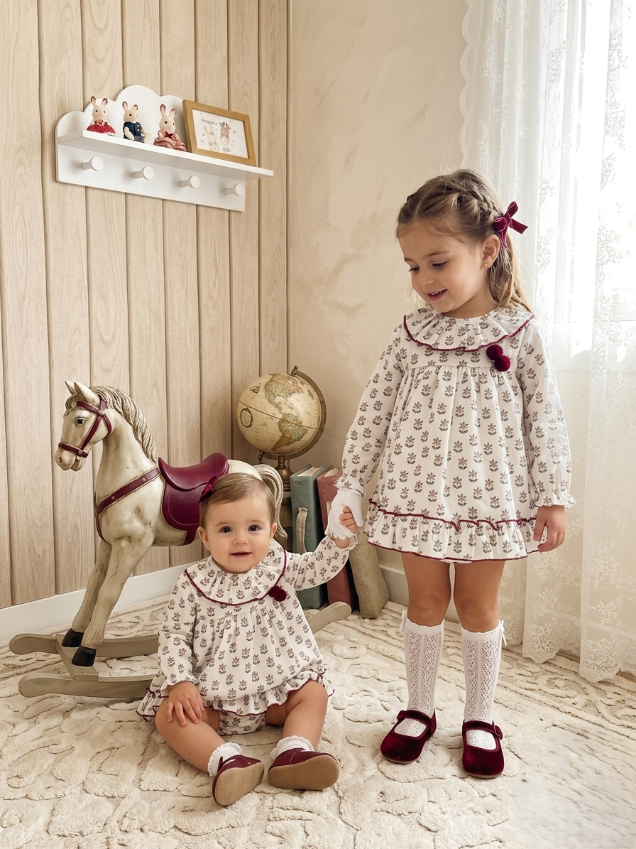 Vestido Jesusito Infantil con Flores y Pompones Granates | Sonajero Kids