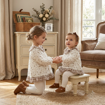 Conjunto de Bebé de Flores y Cuadros Vichy Marrón | Sonajero Kids