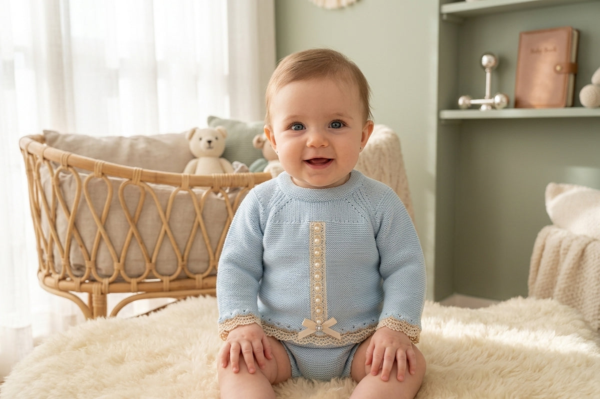 Conjunto Bebé de Punto Celeste | Ropa Bebé Artesanal - Sonajero Kids