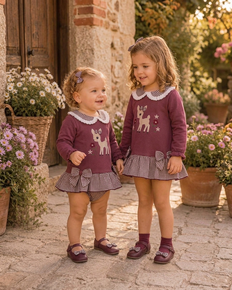 Conjunto Bebé y Niña Burdeos Cervatillo Vichy | Sonajero Kids