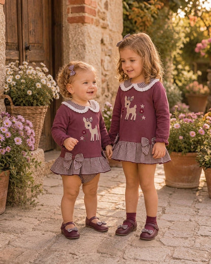 Conjunto Bebé y Niña Burdeos Cervatillo Vichy | Sonajero Kids