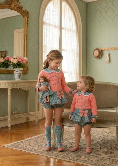 Conjunto Sudadera Coral y Braguita Turquesa Floral | Ropa Infantil