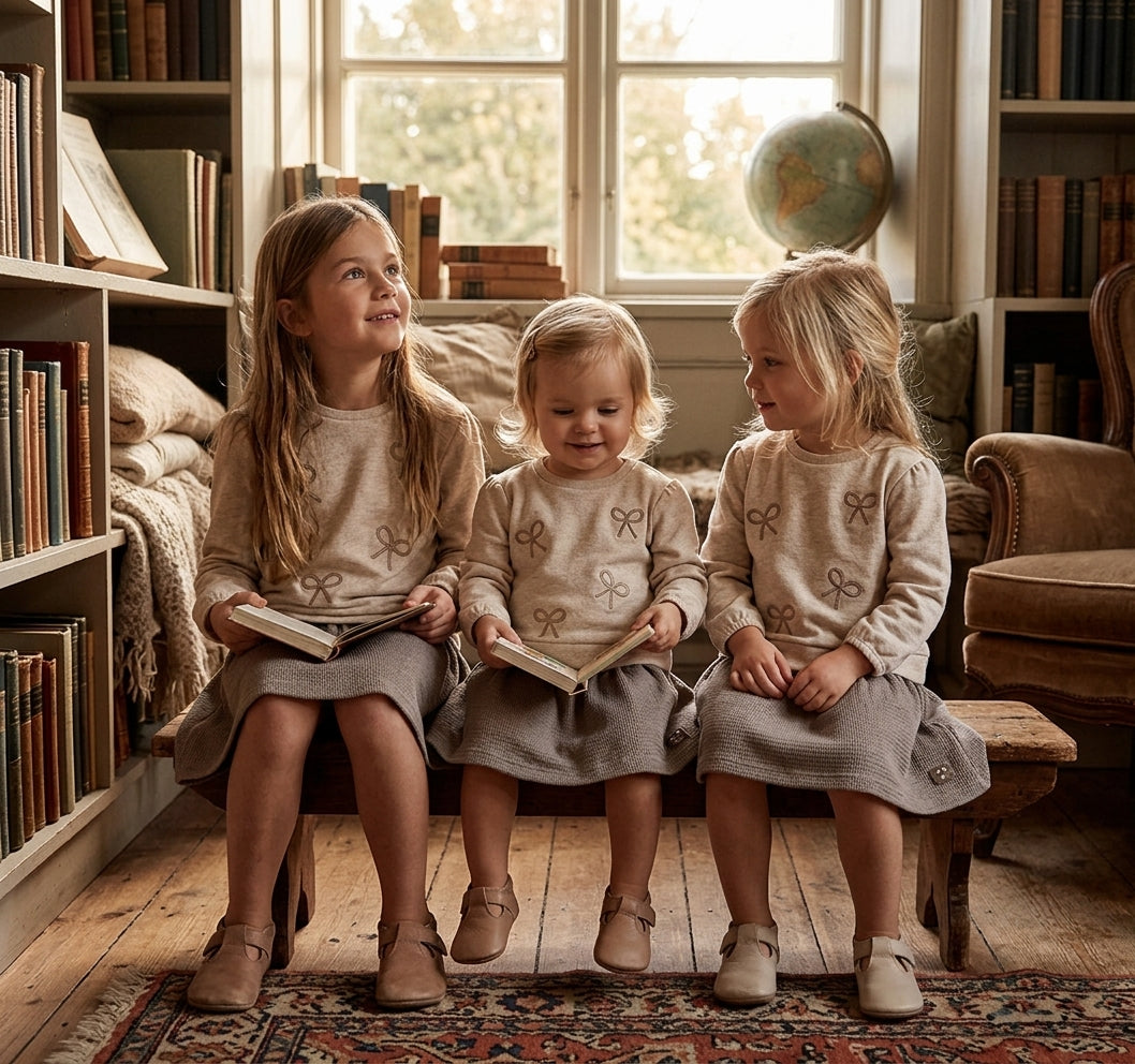 Vestido Bebé y Niña Beige con Lazos | Colección Hermanas | Sonajero Kids
