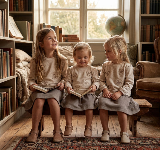 Vestido Bebé y Niña Beige con Lazos | Colección Hermanas | Sonajero Kids