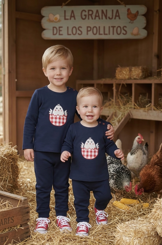 Chándal Infantil Azul Marino con Bordado Pollito Vichy | Moda Infantil | Sonajero Kids