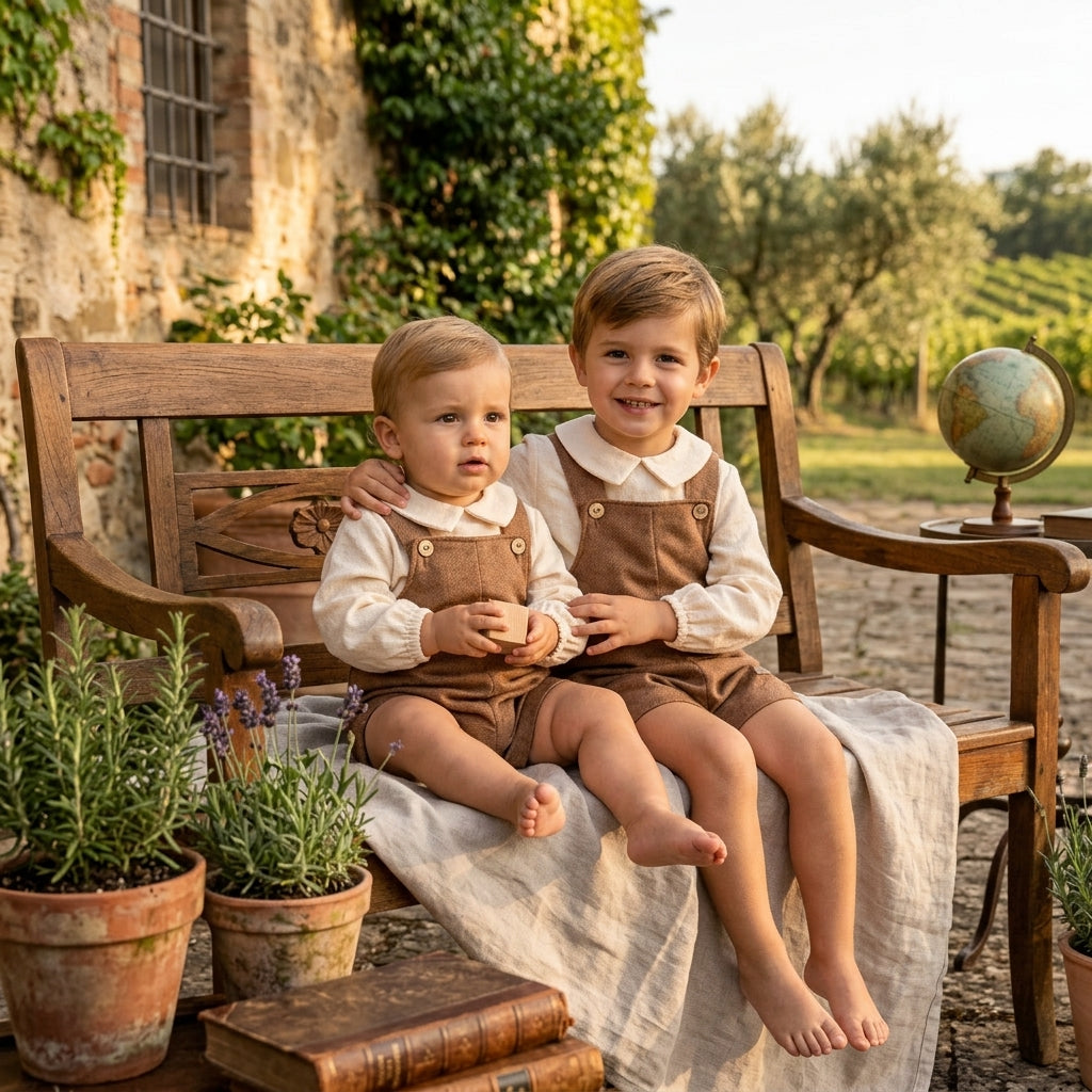 Conjunto de Peto Marrón y Camisa Crema para Bebé | Moda Infantil | Sonajero Kids