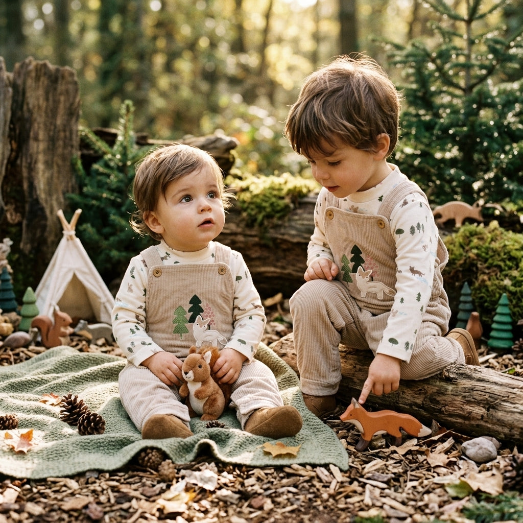 Peto de Pana Infantil Bosque con Camiseta | Ropa de Bebé | Sonajero Kids