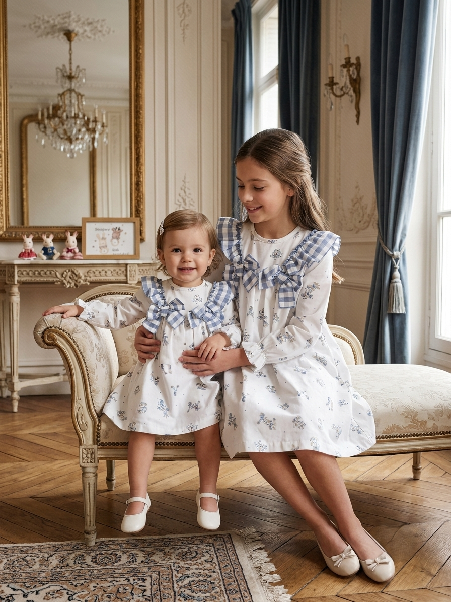 Vestido Toile de Jouy Infantil con Lazos Vichy Azul | Sonajero kids