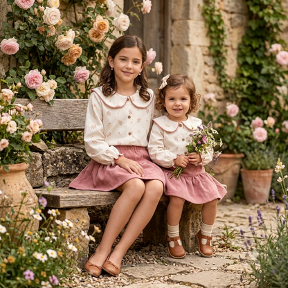Conjunto infantil de blusa floral con cuello bebé y falda de pana rosa Calamaro | Sonajero kids