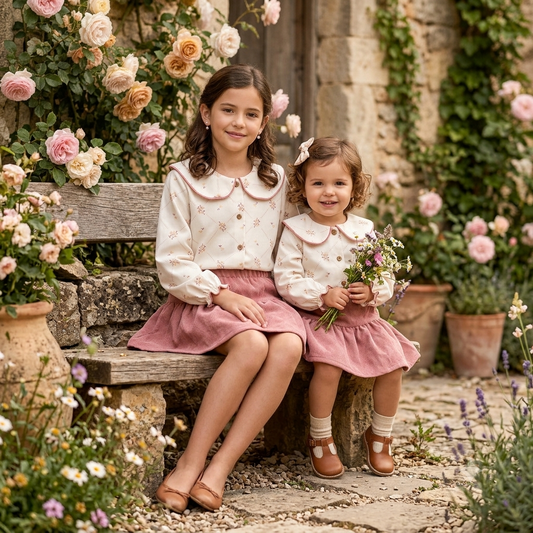 Conjunto infantil de blusa floral con cuello bebé y falda de pana rosa Calamaro | Sonajero kids