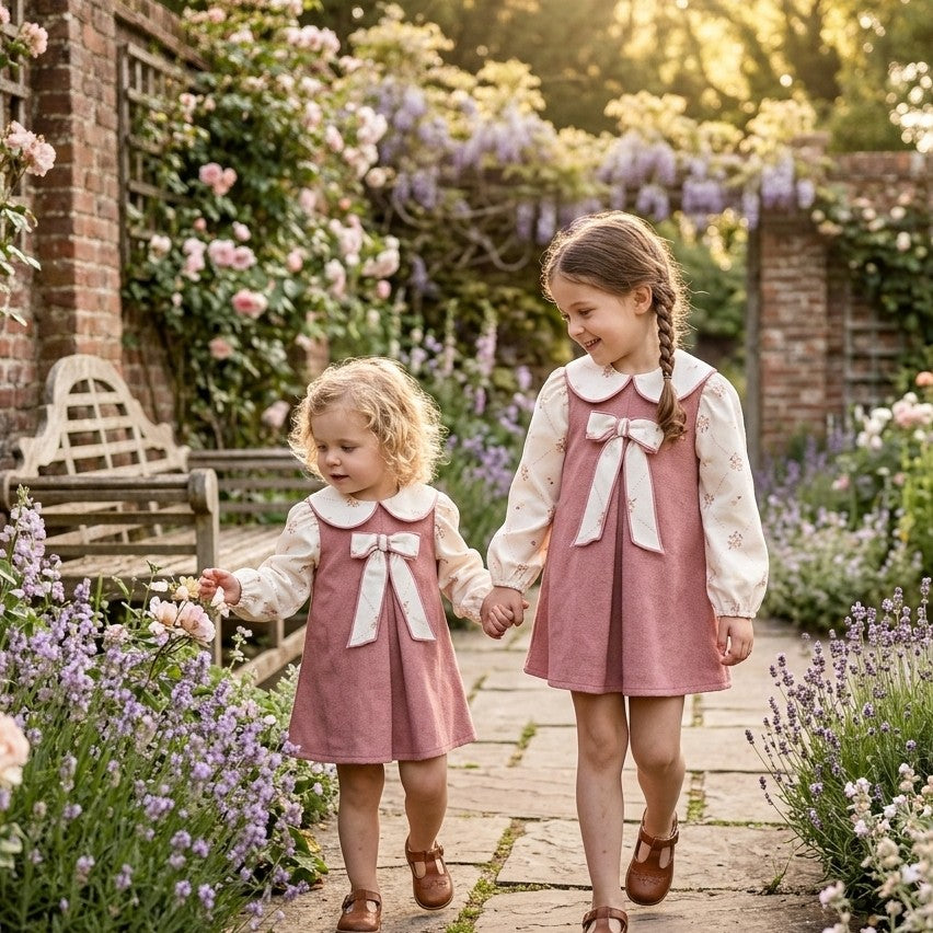 Vestido Infantil Rosa Empolvado con Lazo y Cuello Floral | Moda Infantil | Sonajero Kids