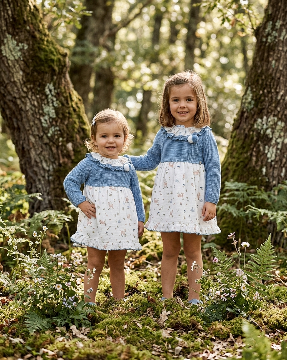 Vestido Combinado de Punto Azul y Falda Estampada | Sonajero Kids