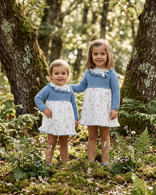 Vestido Combinado de Punto Azul y Falda Estampada | Sonajero Kids