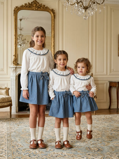 Conjunto Blusa Blanca y Falda Azul Volantes | Moda Infantil